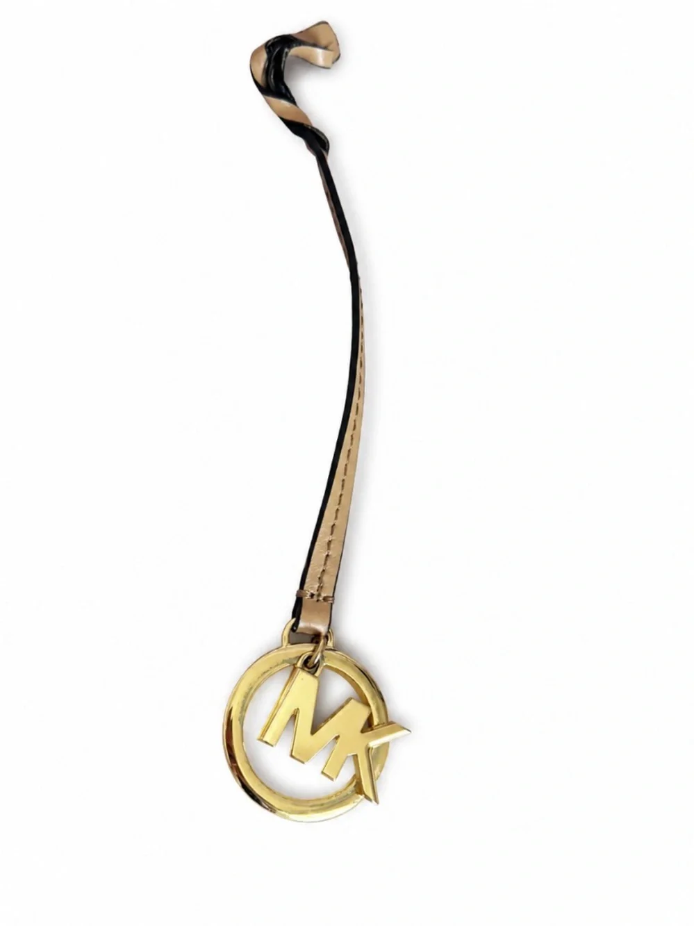 MICHAEL KORS Gold Pendant Charm and Beige Leather Long Strap